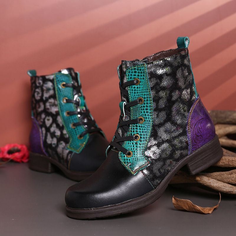 Damskie Tradional Splicing Sofy Futerko Sznurowane Okrągłe Toe Block Heel Combat Boots