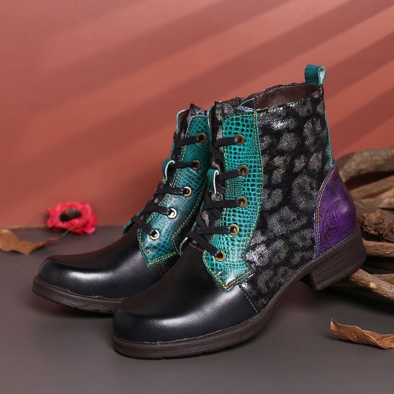 Damskie Tradional Splicing Sofy Futerko Sznurowane Okrągłe Toe Block Heel Combat Boots