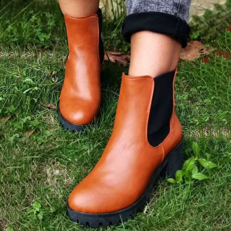 Kobiety Casual Slip On Okrągłe Toe Platforma Masywny Obcas Botki