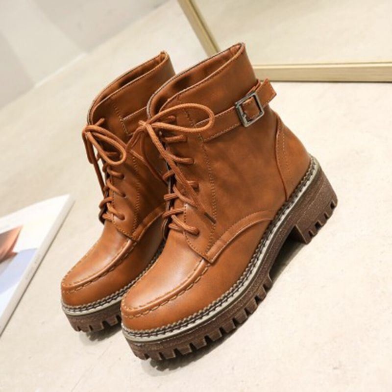 Kobiety Casual Solid Color Buckle Up Platform Short Combat Boots