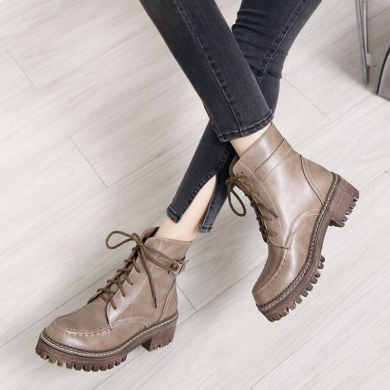 Kobiety Casual Solid Color Buckle Up Platform Short Combat Boots