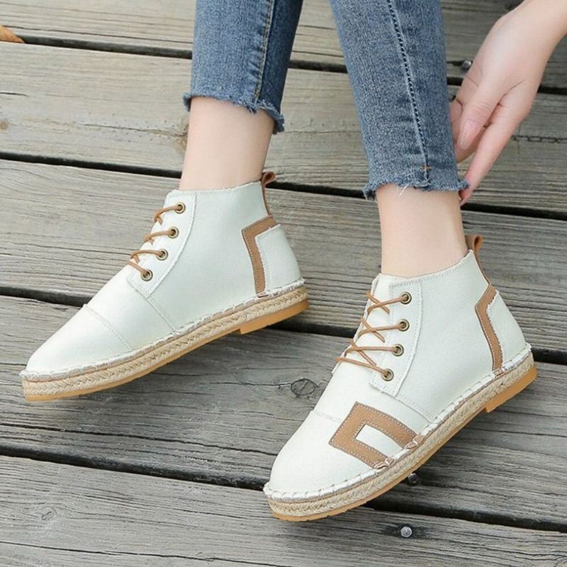 Kobiety Retro Casual Lace-up Wygodne Ręcznie Przeszywane Espadryle Płaskie Krótkie Buty