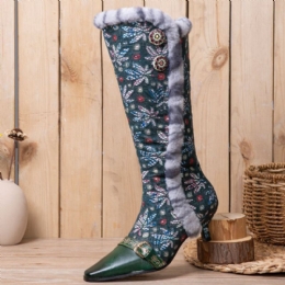 Kobiety Vintage Skórzany Patchwork Pluszowa Koronka Kwiatowy Print Cienkie Wysokie Buty Na Obcasie