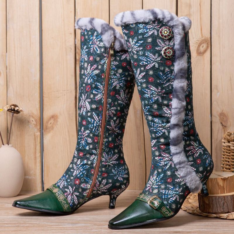 Kobiety Vintage Skórzany Patchwork Pluszowa Koronka Kwiatowy Print Cienkie Wysokie Buty Na Obcasie