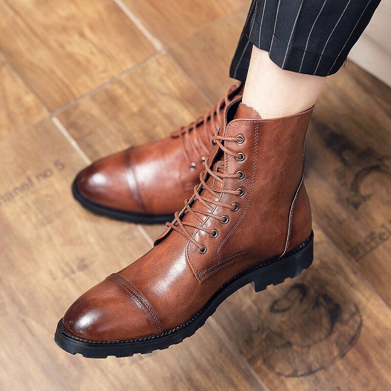 Męska Skóra Bydlęca Wygodna Miękka Podeszwa Vintage Business Lace Up Casual Boots