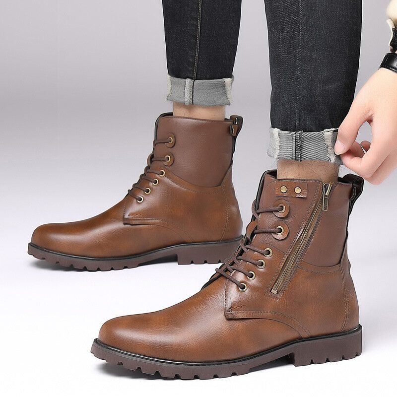 Męskie Skórzane Wygodne Antypoślizgowe Miękkie Podeszwy Okrągły Nosek Vintage Lace Up Casual Martin Buty