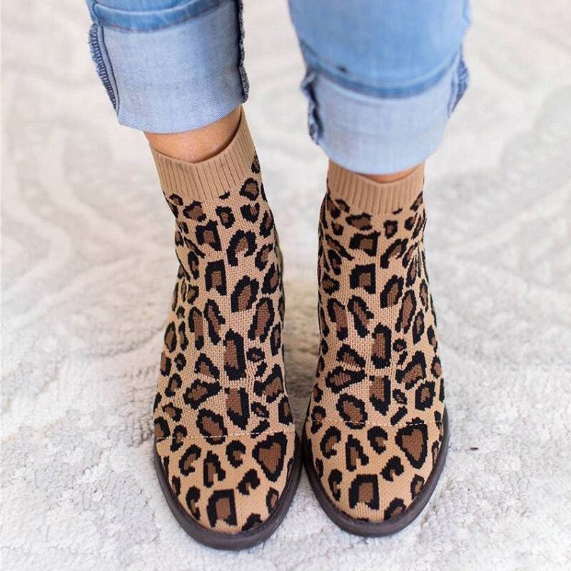 Plus Size Kobiety Oddychająca Dzianina Leopard Chunky Heel Short Boots