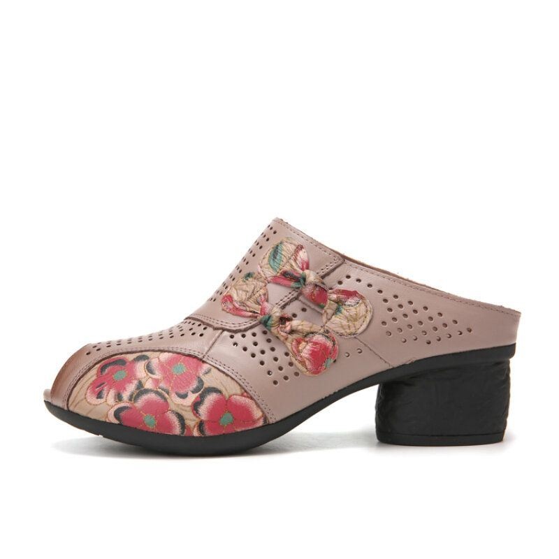 Damski Etniczny Kwiatowy Wystrój Kokardki Hollow Out Printed Skóra Bydlęca Peep Toe Heel Sandas.