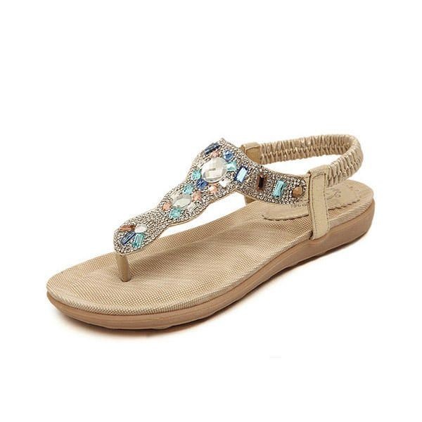 Damskie Bohemia Bead Rhinestone Elastyczne Plażowe Płaskie Sandały Peep Toe Japonki