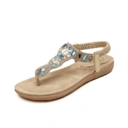 Damskie Bohemia Bead Rhinestone Elastyczne Plażowe Płaskie Sandały Peep Toe Japonki