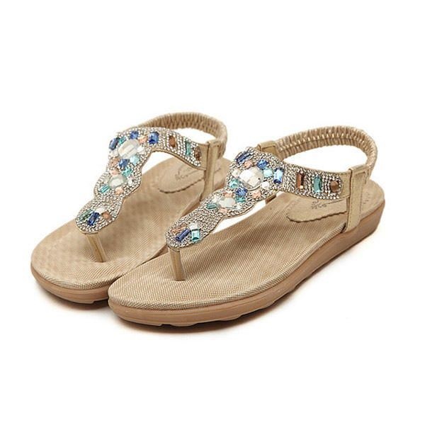 Damskie Bohemia Bead Rhinestone Elastyczne Plażowe Płaskie Sandały Peep Toe Japonki