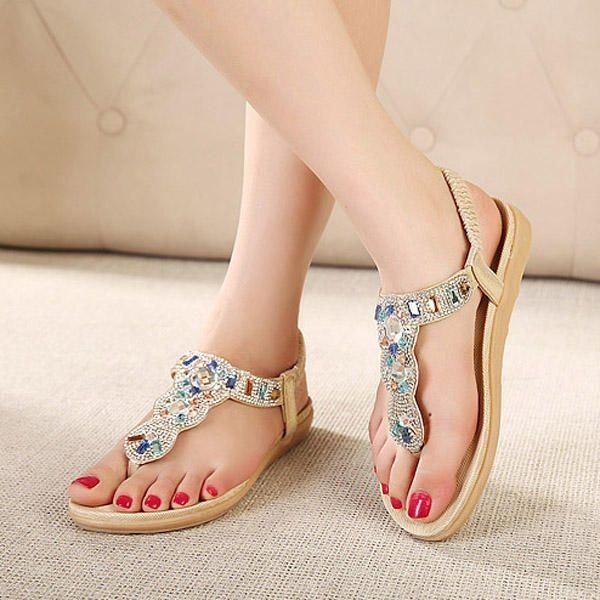 Damskie Bohemia Bead Rhinestone Elastyczne Plażowe Płaskie Sandały Peep Toe Japonki