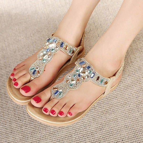 Damskie Bohemia Bead Rhinestone Elastyczne Plażowe Płaskie Sandały Peep Toe Japonki