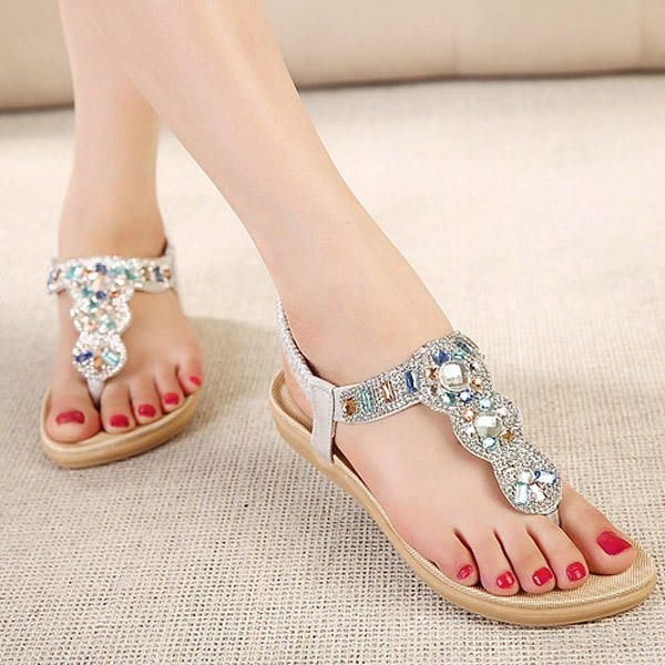 Damskie Bohemia Bead Rhinestone Elastyczne Plażowe Płaskie Sandały Peep Toe Japonki