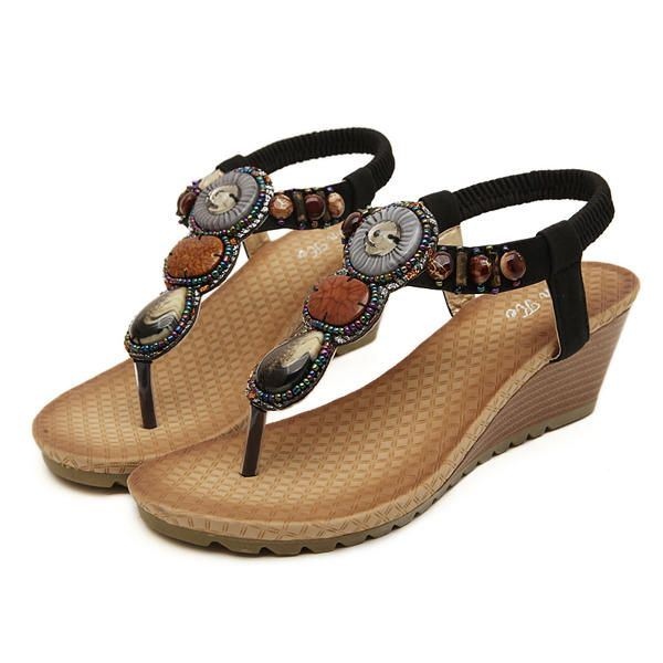 Damskie Bohemia Bead Wedge Sandały Plażowe Slip On Klapki Elastyczne Kliny Peep Toe