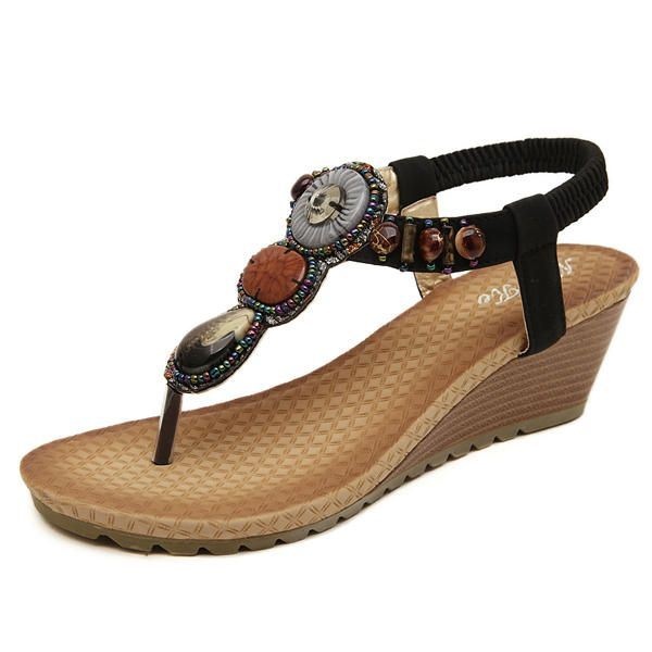 Damskie Bohemia Bead Wedge Sandały Plażowe Slip On Klapki Elastyczne Kliny Peep Toe