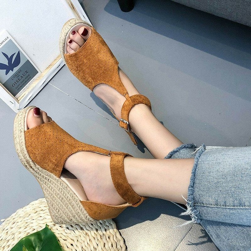 Damskie Espadryle Plus Size Open Toe Klamra Letnie Sandały Na Koturnie