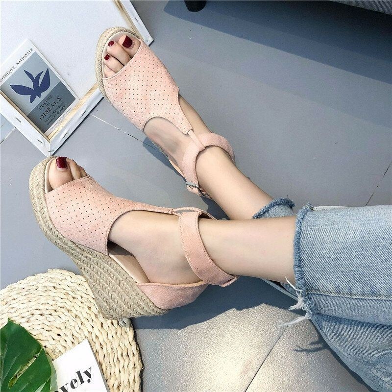 Damskie Espadryle Plus Size Open Toe Klamra Letnie Sandały Na Koturnie