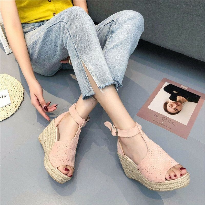 Damskie Espadryle Plus Size Open Toe Klamra Letnie Sandały Na Koturnie