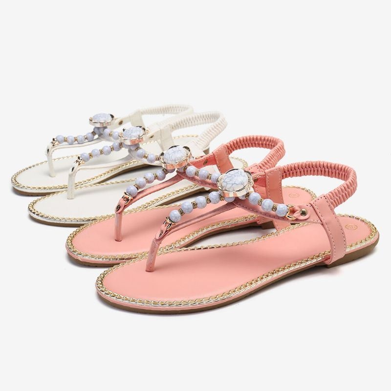 Kobiety Beading Decor Elastyczne Płaskie Slip On Beach Clip Toe Sandały