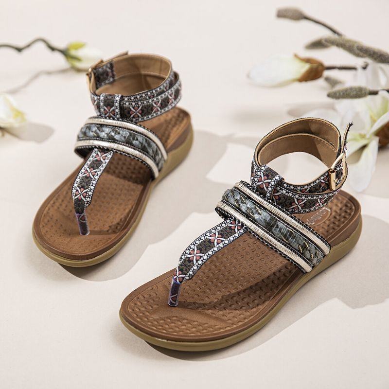 Kobiety Bohemia Ankle Strap Clip Toe Miękka Podeszwa Casual Płaskie Sandały