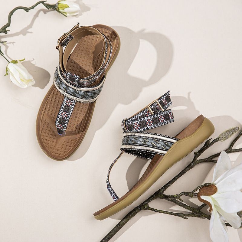 Kobiety Bohemia Ankle Strap Clip Toe Miękka Podeszwa Casual Płaskie Sandały