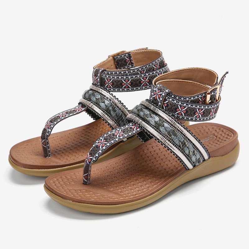 Kobiety Bohemia Ankle Strap Clip Toe Miękka Podeszwa Casual Płaskie Sandały