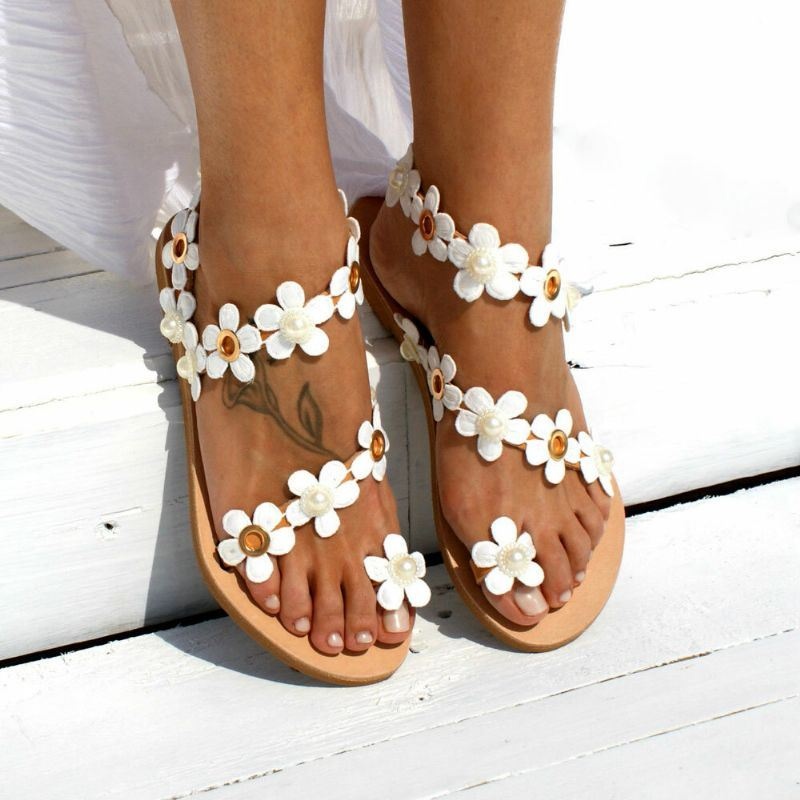 Kobiety Bohemia Flower Decro Frezowanie Toe Ring Casual Summer Beach Płaskie Sandały