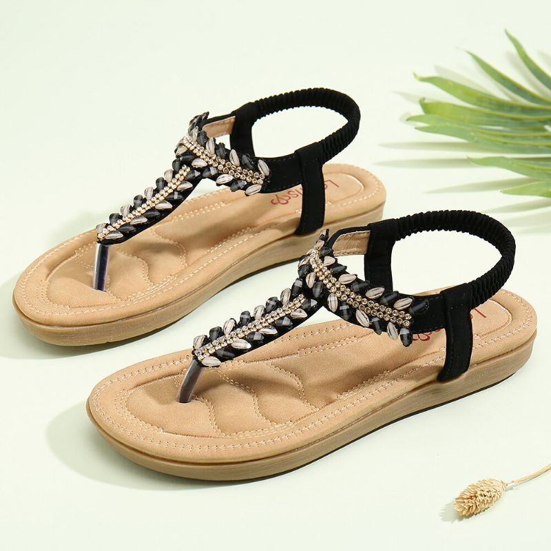 Kobiety Bohemia Frezowanie Elastyczny Pasek Slip On Casual Summer Beach Płaskie Sandały