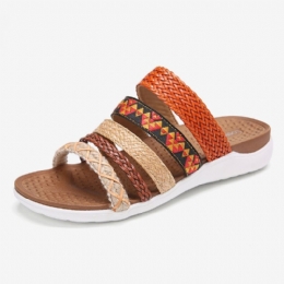 Kobiety Bohemia Tkane Open Toe Miękka Podeszwa Casual Slides Płaskie Sandały