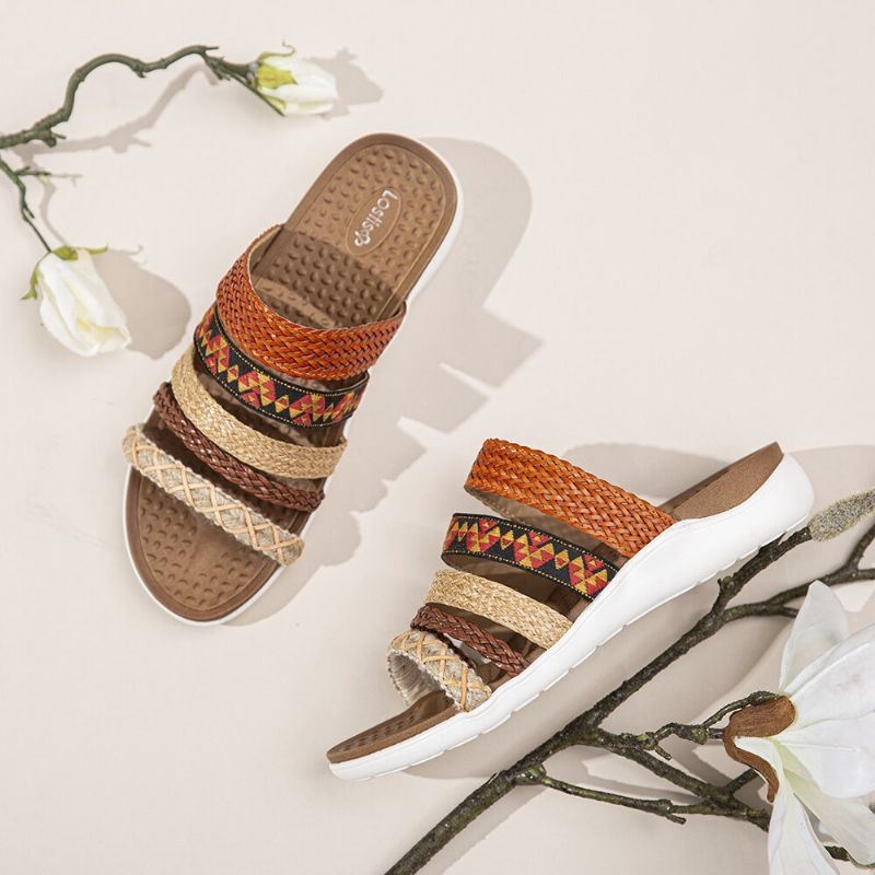 Kobiety Bohemia Tkane Open Toe Miękka Podeszwa Casual Slides Płaskie Sandały