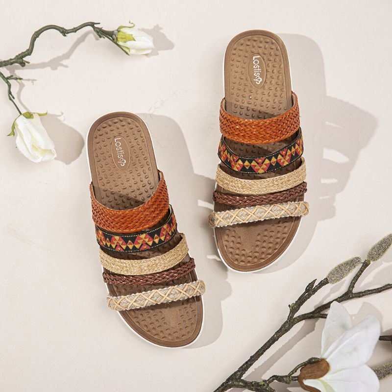 Kobiety Bohemia Tkane Open Toe Miękka Podeszwa Casual Slides Płaskie Sandały