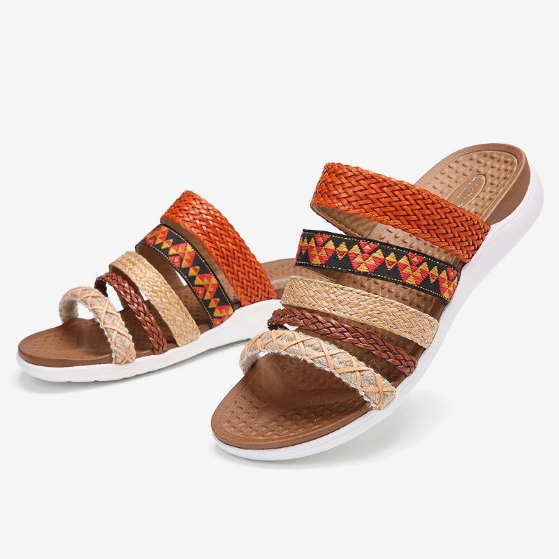 Kobiety Bohemia Tkane Open Toe Miękka Podeszwa Casual Slides Płaskie Sandały