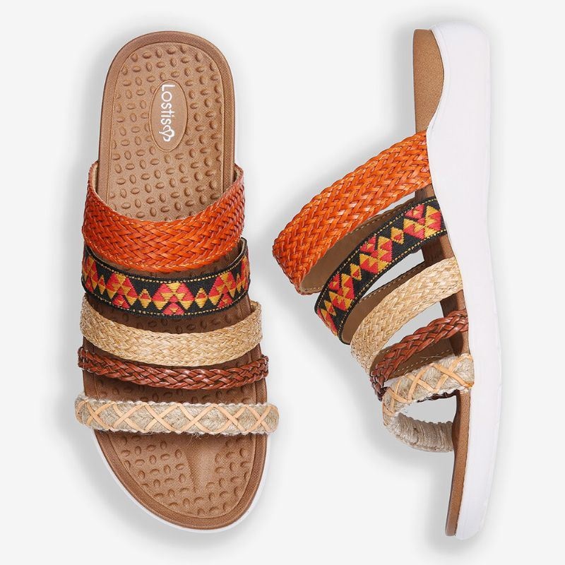 Kobiety Bohemia Tkane Open Toe Miękka Podeszwa Casual Slides Płaskie Sandały