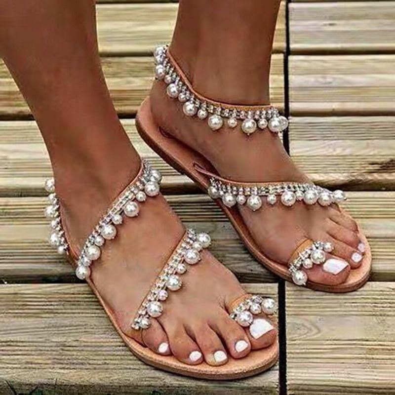 Kobiety Bohemian Clip Toe Bead Decoration Slip On Gumka Casual Holiday Beach Sandały Na Płaskim Obcasie