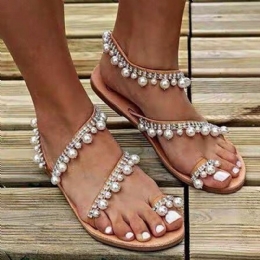 Kobiety Bohemian Clip Toe Bead Decoration Slip On Gumka Casual Holiday Beach Sandały Na Płaskim Obcasie