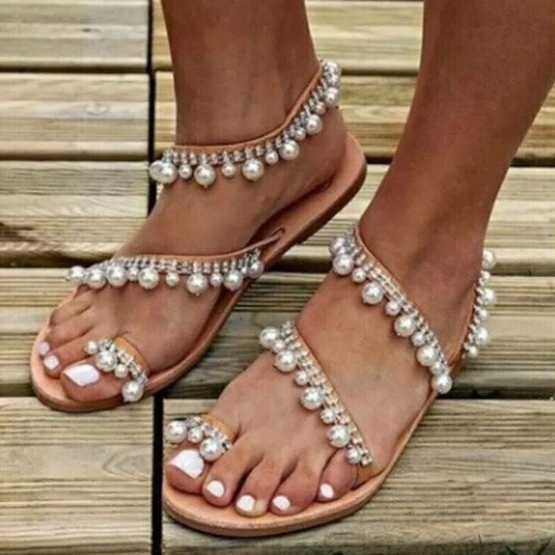 Kobiety Bohemian Clip Toe Bead Decoration Slip On Gumka Casual Holiday Beach Sandały Na Płaskim Obcasie