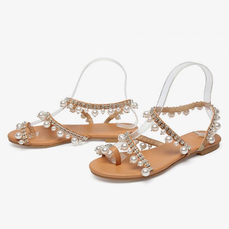 Kobiety Bohemian Clip Toe Bead Decoration Slip On Gumka Casual Holiday Beach Sandały Na Płaskim Obcasie