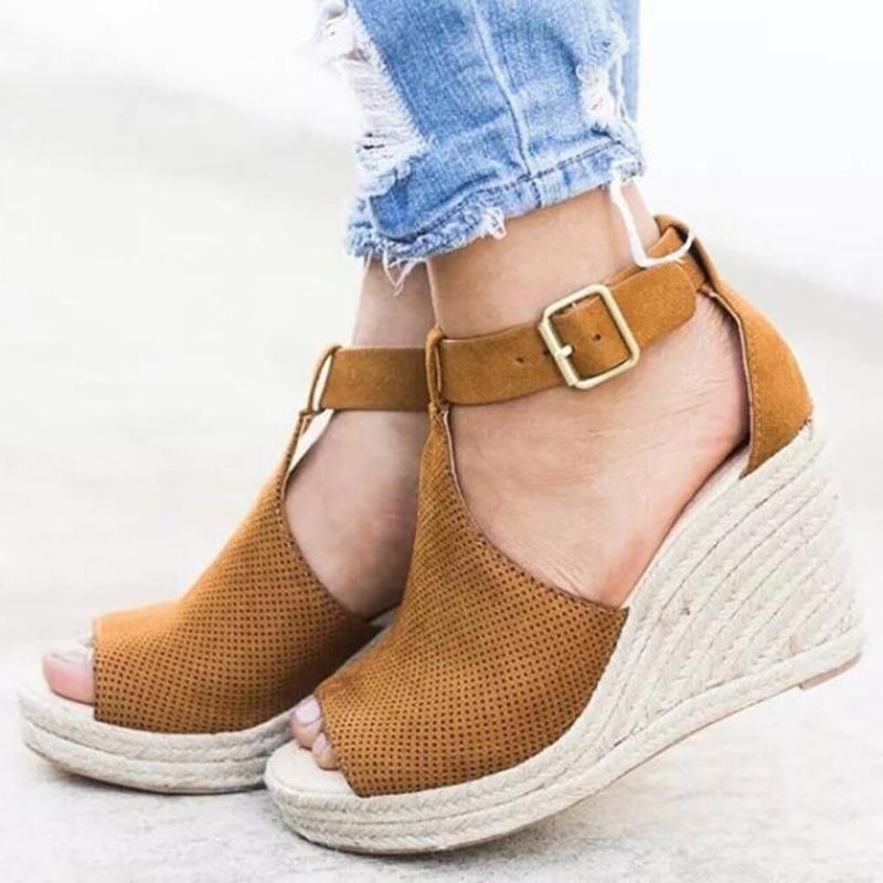 Kobiety Espadryle Peep Toe Klamra Wygodne Dorywczo Sandały Na Koturnie