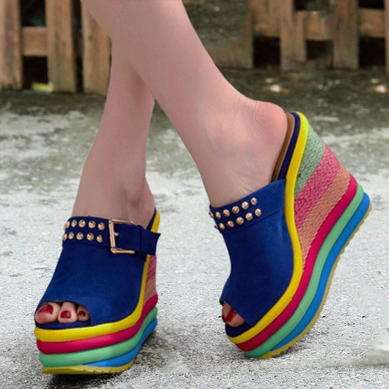 Kobiety Nit Rainbow Kolorowe Klamry Peep Toe Summer Beach Wedge Platform Sandały