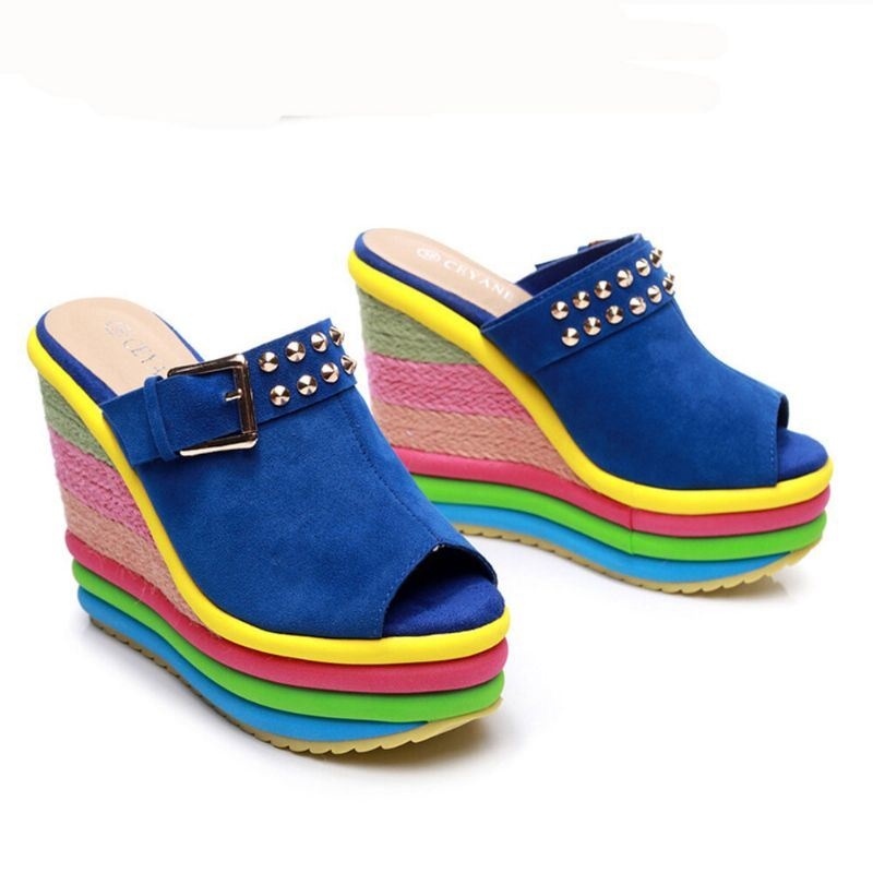 Kobiety Nit Rainbow Kolorowe Klamry Peep Toe Summer Beach Wedge Platform Sandały