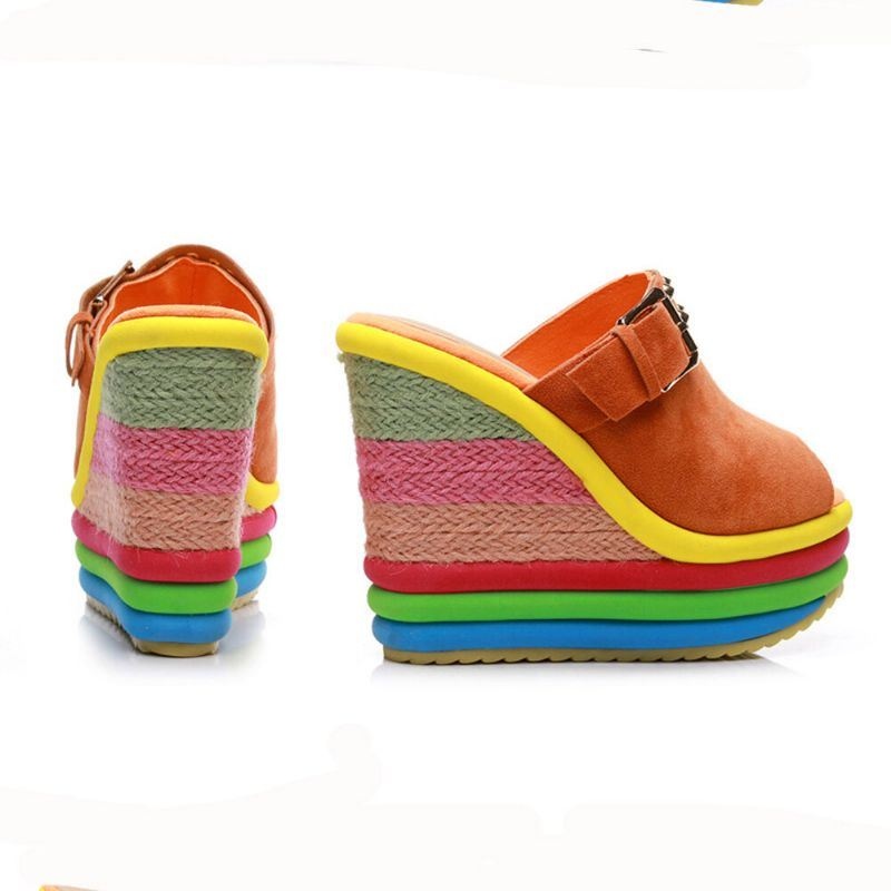 Kobiety Nit Rainbow Kolorowe Klamry Peep Toe Summer Beach Wedge Platform Sandały