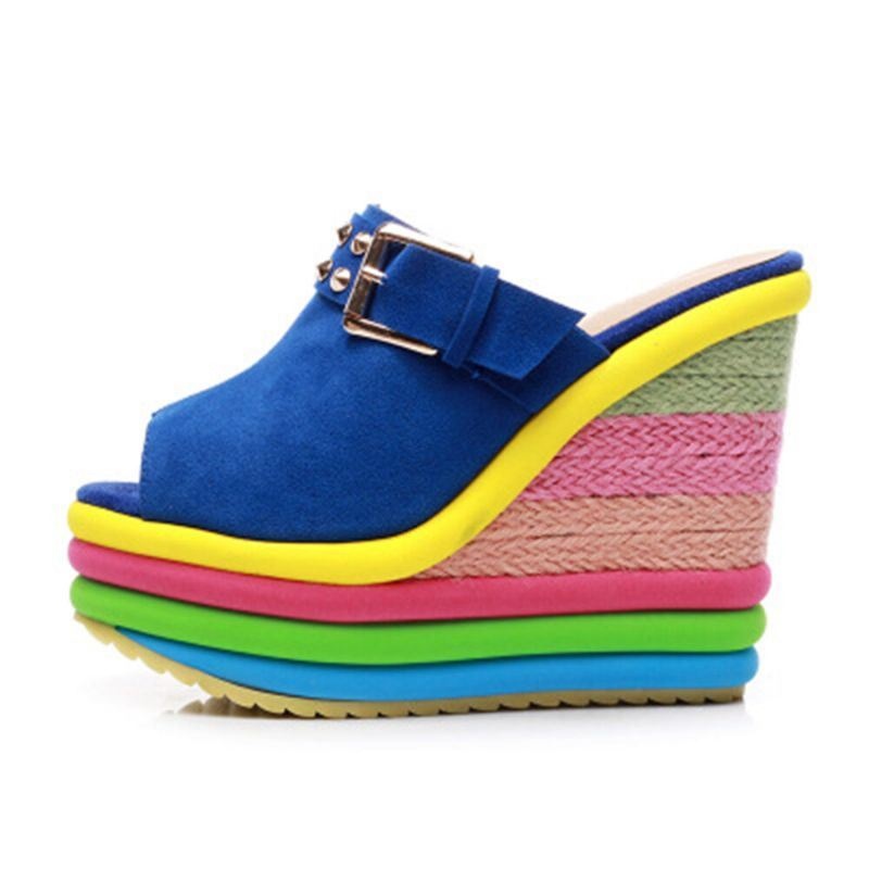 Kobiety Nit Rainbow Kolorowe Klamry Peep Toe Summer Beach Wedge Platform Sandały