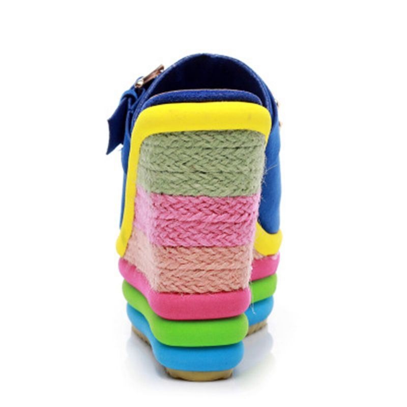 Kobiety Nit Rainbow Kolorowe Klamry Peep Toe Summer Beach Wedge Platform Sandały