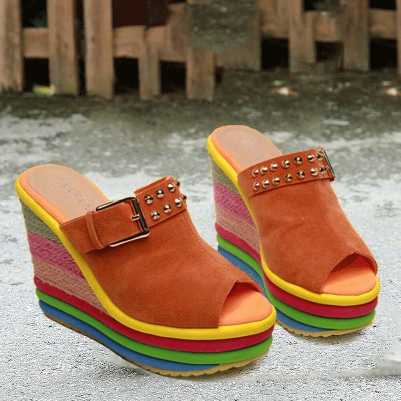 Kobiety Nit Rainbow Kolorowe Klamry Peep Toe Summer Beach Wedge Platform Sandały