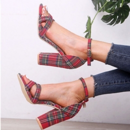 Kobiety Plaid Cross Strap Krata Decor Klamra Sandały Na Wysokim Obcasie