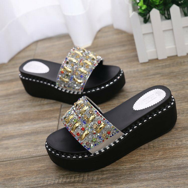 Kobiety Rhinestone Decor Platform Slide Sandały