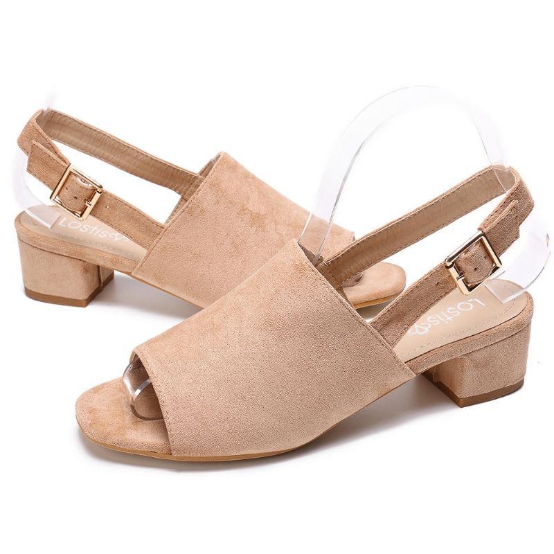 Kobiety Solid Color Suede Peep Toe Slingback Masywny Obcas Casual Codzienne Sandały Na Obcasie