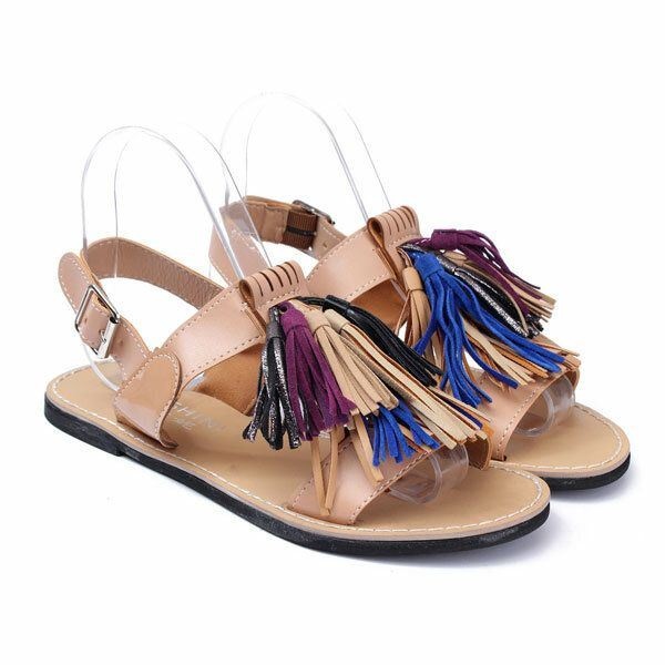 Letnie Damskie Frędzle Fringe Slingback Płaskie Sandały Mokasyny Buty