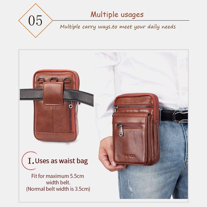 Mężczyźni Prawdziwej Skóry Bydlęcej Multi-carry Retro 7.2 Cal Telefon Crossbody Torba Wisząca Torba Na Pasek Saszetka Na Talię